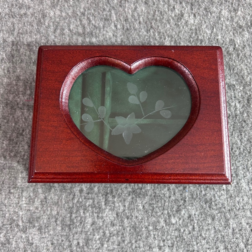 Vintage Wooden Heart Glass Jewelry Box Cherry Finish Etched Floral